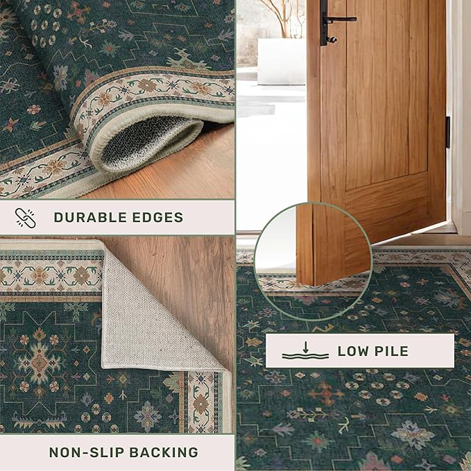 Dark Green 4x6 Living Room Rug - Modern Vintage Boho Floral Forest, Washable Low Pile Non-Slip Area Rugs for Door Mat Entrance, Mudroom, Kitchen, Bedroom Beside Bed, Office