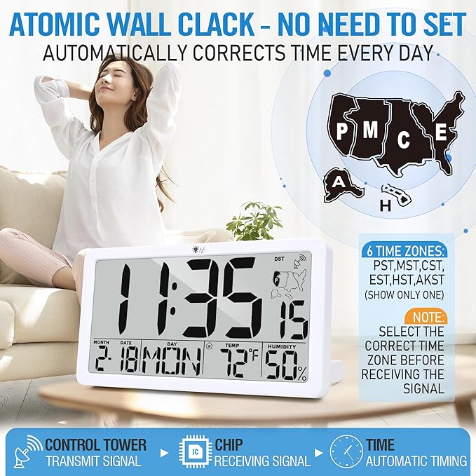 TXL Atomic Wall Clock with Backlight, Battery Operated Digital Wall Clock with Temperature, Humidity and Date, Large Display, Auto DST, 6 Time Zone(White)