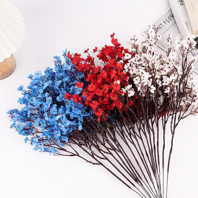 4th of July Babys Breath Artificial Flowers 16 Bundles Red White Blue Fake Silk Flowers Patriotic Memorial Flowers for Independence Day Home Floral Arrangement Table Centerpieces Decorations
