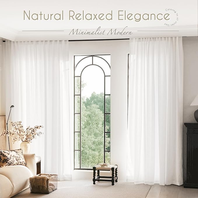Linen White Curtains 86 inches Long for Bedroom Loop Pocket Privacy Light Filtering Semi Sheer White Boho Farmhouse Curtain Drapes Cotton Textured Modern Elegant Coastal Living Room Decor Pure White