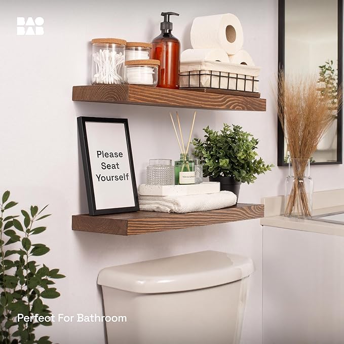 BAOBAB WORKSHOP Wood Floating Shelves Set of 2 - Rustic Shelf 24 inch - Floating Shelf for Wall Mounted - Wide Wooden Wall Shelves for Living Room Bedroom Kitchen Bathroom - Walnut - 24D x 6.7W