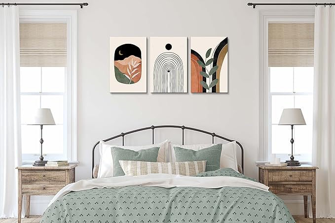 Boho Wall Art Prints Set of 3, Boho Wall Decor, Mid Century Modern Prints Sun Moon Leaf Mountain Canvas Wall Painting, Neutral Abstract Geometric Prints Canvas Artwork Prints for Bedroom Bathroom