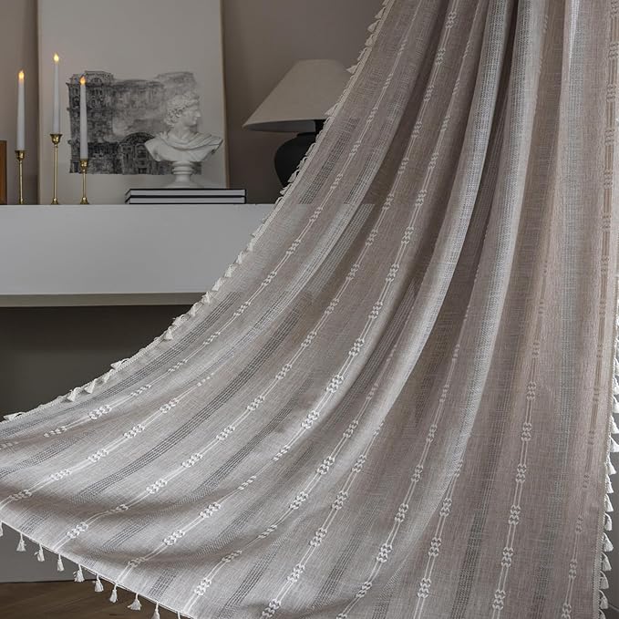 ColorBird Boho Linen Curtains 63 Inch Length, 2 Panels Set Farmhouse Living Room Curtains, Embroidered Striped Tan Boho Drapes for Bedroom Nursery Office