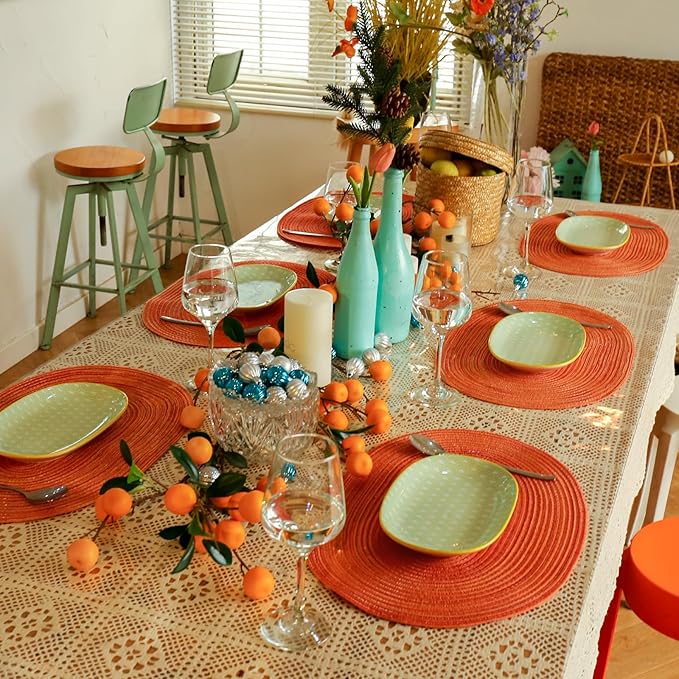 Noctiflorous Oval Braided Placemats Set of 6 Woven 12x18 Inch Non Slip Washable Heat Resistant Place Mats Tablemats for Dining Kitchen Party Daily Table Decor Dinner Mats (Fall Orange, 6)