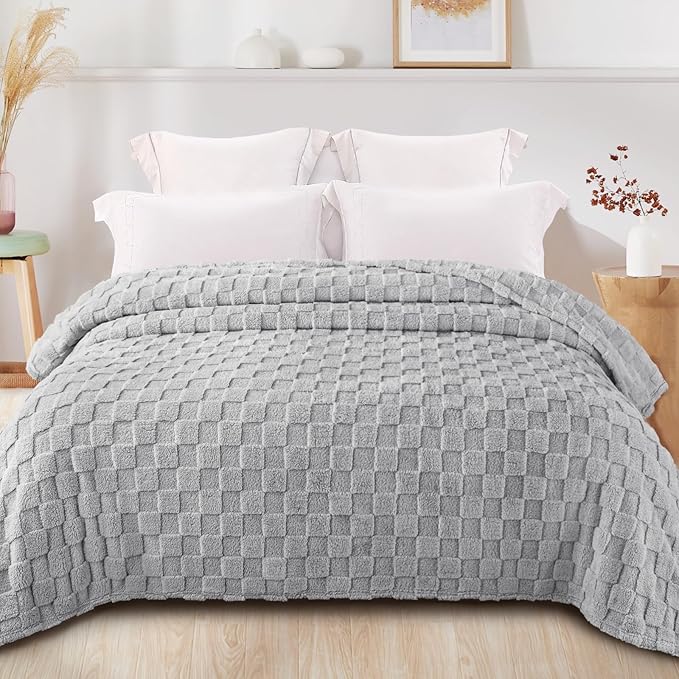 Exclusivo Mezcla Twin Size Flannel Fleece Blanket, Super Soft and Warm Lightweight Checkered Pattern Blankets for All Seasons, 60x80 Inches, Light Grey