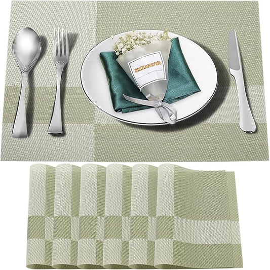 Placemats Set of 6,Washable,Heat and Stain Resistant Indoor/Outdoor Place mats, Vinyl Woven Non Slip Table Mats for Restaurant Table Protection, PVC Table Placemats.(Green, 6PCS)