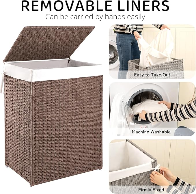 OIAHOMY Laundry Hamper with Lid, 23.8 Gal (90L) Wicker Hamper with Removable Liner Bags, Handwoven Clothes Basket with Handles, Foldable Woven Paper Rope Basket for Laundry Room, Bedroom-Brown