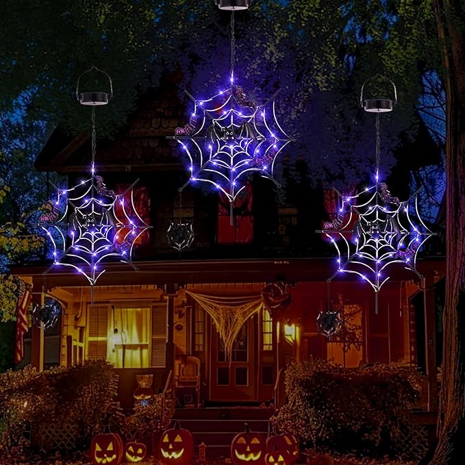ILLUMINEW Solar Halloween Metal Hanging Decorations Outdoor, LED Lighted Metal Web with Spider for Halloween Outdoor Tree, Wall, Porch, Patio Decor (Web)