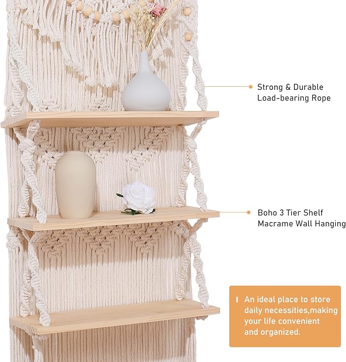 Macrame Wall Hanging Shelf for Wall Decor 3 Tiers Handmade Boho Wall Floating Shelf Hanging Plant Hanger Organizer with Wood Beads for Aesthetic Bedroom Living Room Decor
