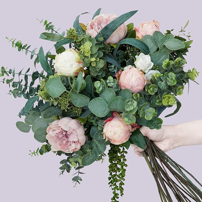 Winlyn 20 Pcs Mixed Artificial Oval Eucalyptus Leaves Bulk with White Seeds Stems and Spray for Vase Floral Wreath Bouquets Wedding Greenery Decoration