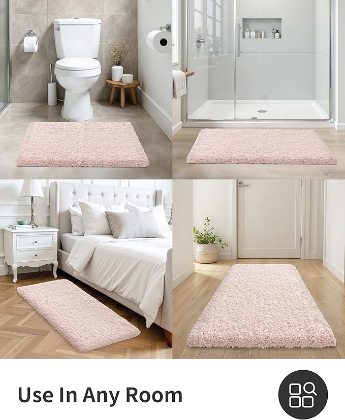 ILANGO Pink Bathroom Rugs 32" × 20" Non Slip & Super Absorbent Extra Thick Soft, Washable Bath Mat for Floor, Microfiber Plush Shaggy Bath Rug with Rubber for Bathtub Shower Room Sink