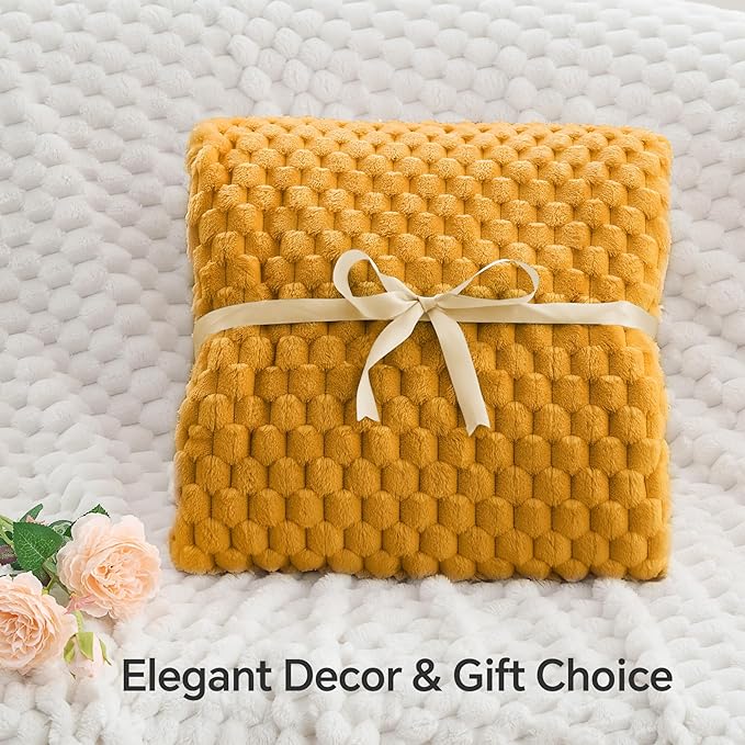 BEDELITE Fleece Blanket Twin Size for Bed Couch, 3D Jacquard Decorative Mustard Yellow Throw, Soft and Cozy Warm Plush Fuzzy Blanket All Seasons Suitable, 60x80Inches