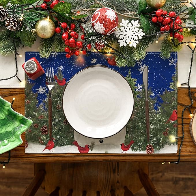 Artoid Mode Blue Snowman Trees Bird Christmas Placemats Set of 6, 12x18 Inch Seasonal Winter Table Mats for Party Kitchen Dining Decoration