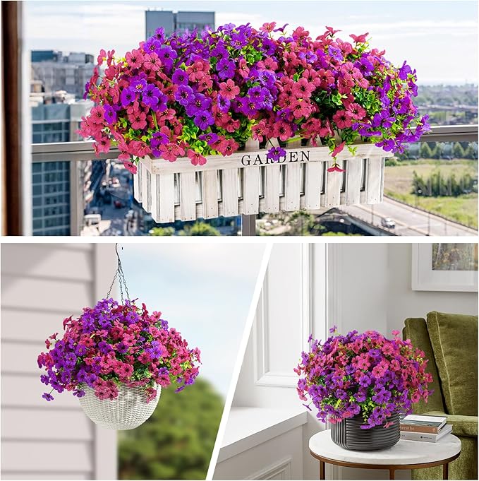 24 Bundles Artificial Flowers for Outdoors Decoration, UV Resistant Silk Violet Faux Colorful Daisy Eucalyptus Fake Plants for Outside Indoor Yard Home Patio Porch Decor, (Purple & Rosered)