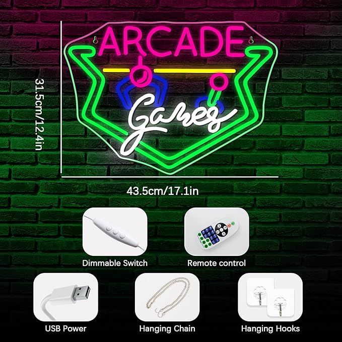 NEONLOVE Arcade Game Neon Sign for Wall Decor - Green LED Light for Game Room, Business - Acrylic, Dimmable, Theme Light Up Sign