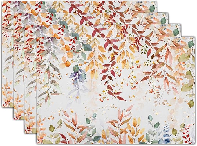 Fall Eucalyptus Leaf Table Placemats Set of 4, Colorful Leaves Heat-Resistant Tabletop Place Mats 12x18 Inch Autumn Seasonal Outdoor Table Mats Decorations for Party Dining Kitchen