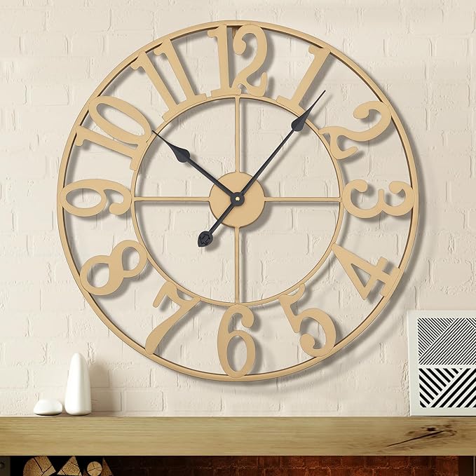 LEIKE 31 Inch Extra Large Wall Clock - Retro Decorative Oversized Farmhouse Arabic Numerals Silent Little Ticking Battery Operated Gold Metal Wall Clocks for Living Room,Office,Entrance Decor