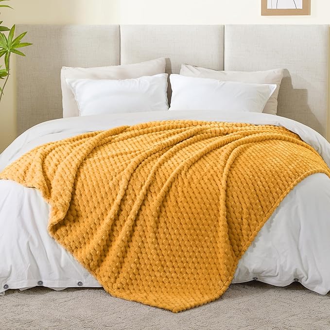BEDELITE Fleece Blanket Twin Size for Bed Couch, 3D Jacquard Decorative Mustard Yellow Throw, Soft and Cozy Warm Plush Fuzzy Blanket All Seasons Suitable, 60x80Inches