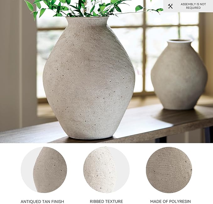 Signature Design by Ashley Hannela 17" Modern Distressed Polyresin Vase, Antique Tan