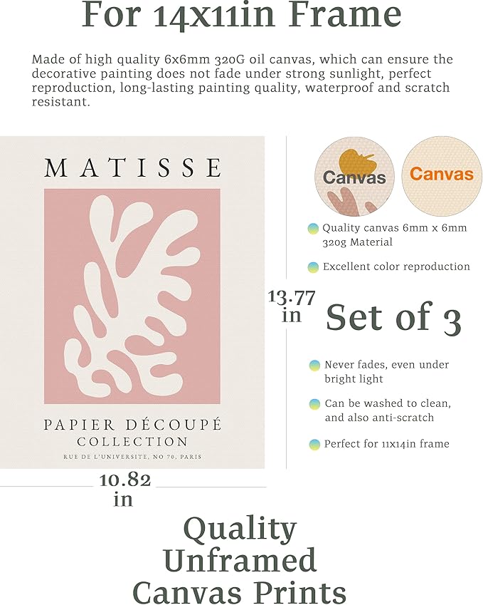 Matisse Wall Art Decor Set of 3,Abstract Matisse Wall Art Exhibition Posters,Unframed Pink Tree Wall Art,Truly Quality Canvas Prints for 11x14in,Art Poster Decoration for Kitchen,