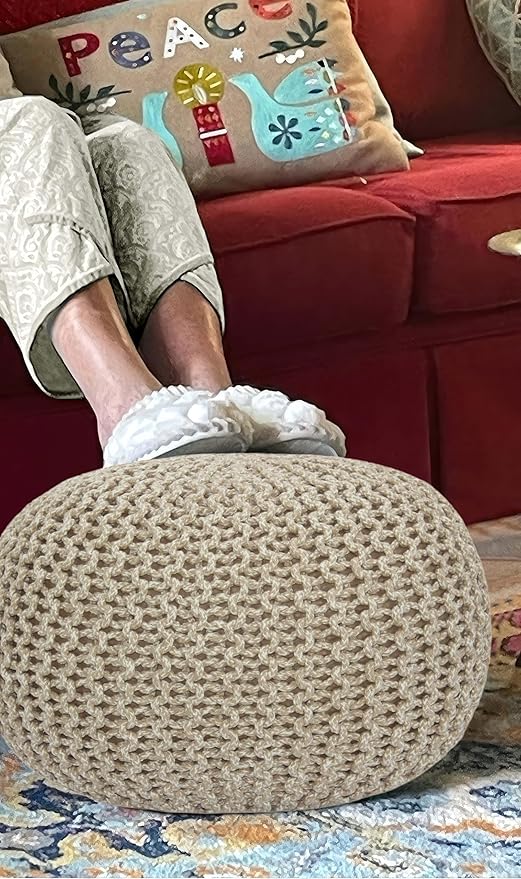 COTTON CRAFT Round Pouf - Hand Knitted Tweed Cable Dori Pouf Ottoman - Cotton Braid Cord Foot Stool Footrest Accent Seat Furniture Bean Bag - Family Room Kids Nursery Dorm - 20x14 - Natural