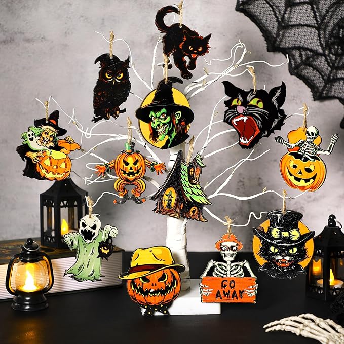 Huwena 36 Pcs Halloween Wood Ornament for Tree Vintage Ornaments Wooden Halloween Hanging Decorations Pumpkin Witch Black Cat Wood Cutouts with Ropes for Home Party Decor(Skeleton)