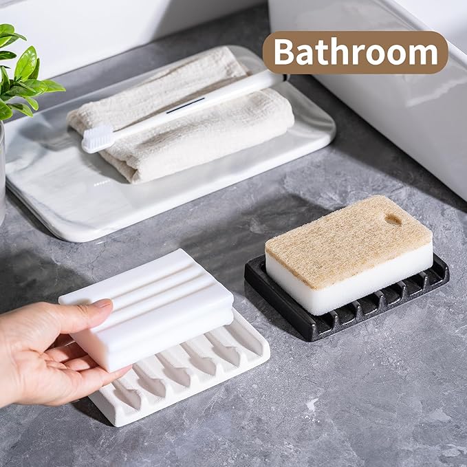 Self Draining Premium Ceramic Soap Dish, Bar Soap Holder, Waterfall Soap Dish, Shower Soap Holder Sponge Holder Soap Tray Soap Savers for Bathroom, Shower, Kitchen, Sink and Countertop