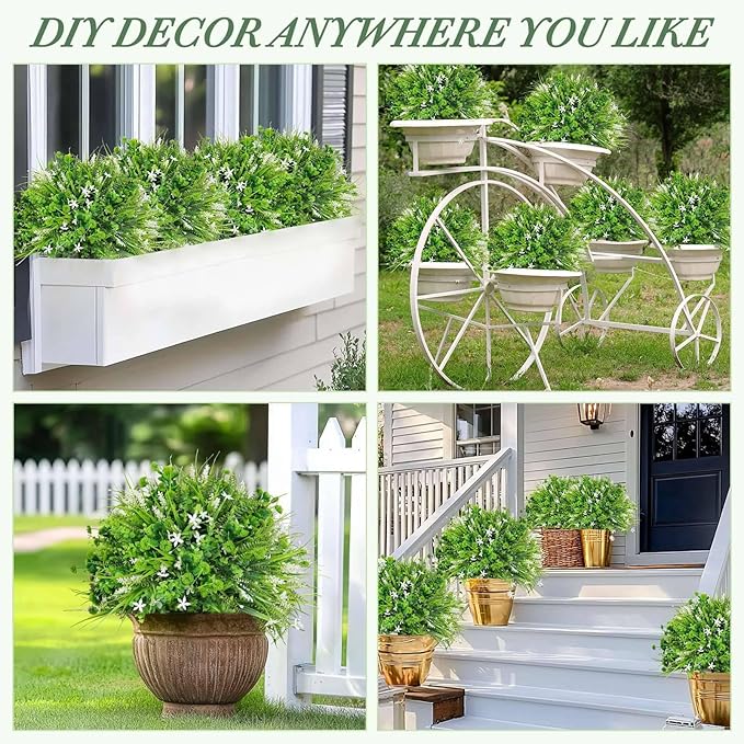 24 Bundles Artificial Plants Flowers for Outdoors Summer Decor, UV Resistant Fake Plants Plastic Faux Boston Fern Lavender Flowers Boxwood Greenery Shrubs for Gardens Porch Yard Home Spring Decor