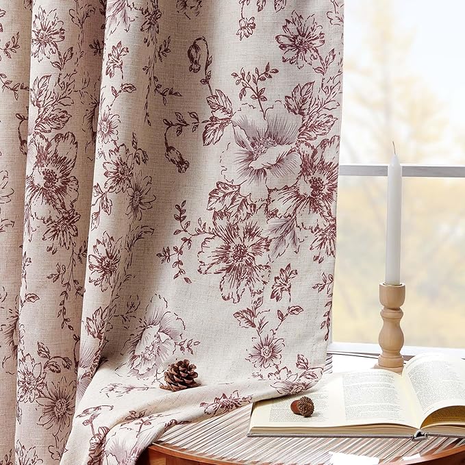 jinchan Blackout Linen Blend Curtain Floral Blackout Curtains for Living Room 90 Inch Length Brick Red Printed with Lined Blackout Curtain for Bedroom Farmhouse Curtains Set 2 Panels