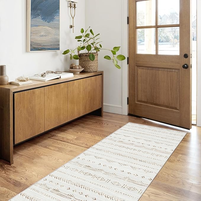 Deerly Kitchen Runner Rug 2'6''x8' Rug Runners for Hallways Soft Non Slip, Washable Rug Runner Boho Moroccan Neutral Long Rug Floor Carpet for Hallway Entryway Laundry Indoor, Light Brown
