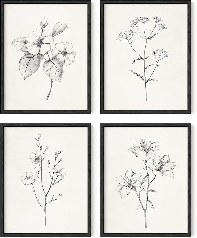 HAUS AND HUES Grey Floral Wall Art - Set of 4 Plant Posters for Wall Vintage, Botanical Prints, Black and White Flower Pictures for Room Aesthetic, Farmhouse Bathroom, Rustic Art (11x14, UNFRAMED)