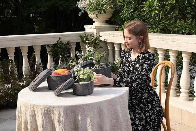 Cottonphant Set of 3 Stylish Round Woven Baskets with Lids - Elegant Storage Solution for Home Decor and Organization - Compact Shelf Baskets (Dark Grey, 10"x6"-8"x5"-6"x4")