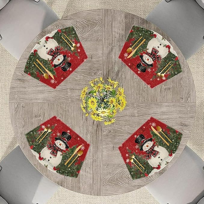 Artoid Mode Red Christmas Snowman Wedge Placemats for Round Table Set of 4, Winter Seasonal Kitchen Dining Table Decoration for Indoor Party Home