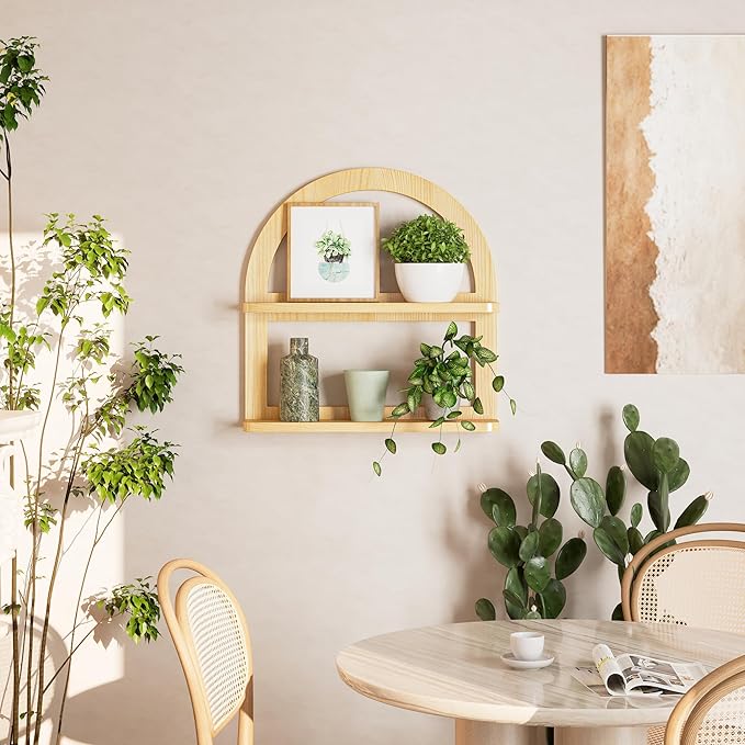 2 Tier Pine Wood Arched Wall Shelf - Fan-shaped Nursery Floating Shelf for Neutral Decor, Boho Storage Solution