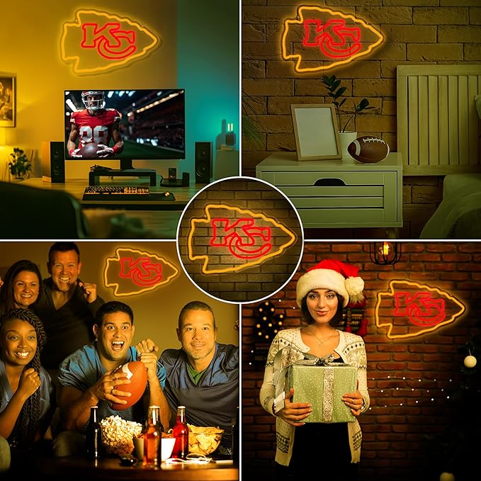 Football Team Neon Sign, Cool Light Up Dimmable KC Team Logo Hanging Led Neon Sign for Wall Decor, Man Cave, Garage, Party, Bar, Game Room Deco, Birthday Gift for Football Fan