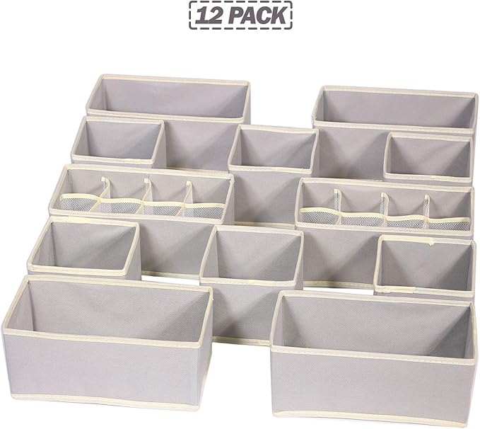 Set of 12 Foldable Drawer Organizer Dividers Cloth Storage Box Closet Dresser Organizer Cube Fabric Containers Basket Bins for Underwear Bras Socks Panties Lingeries Nursery Baby Clothes Grey NN246
