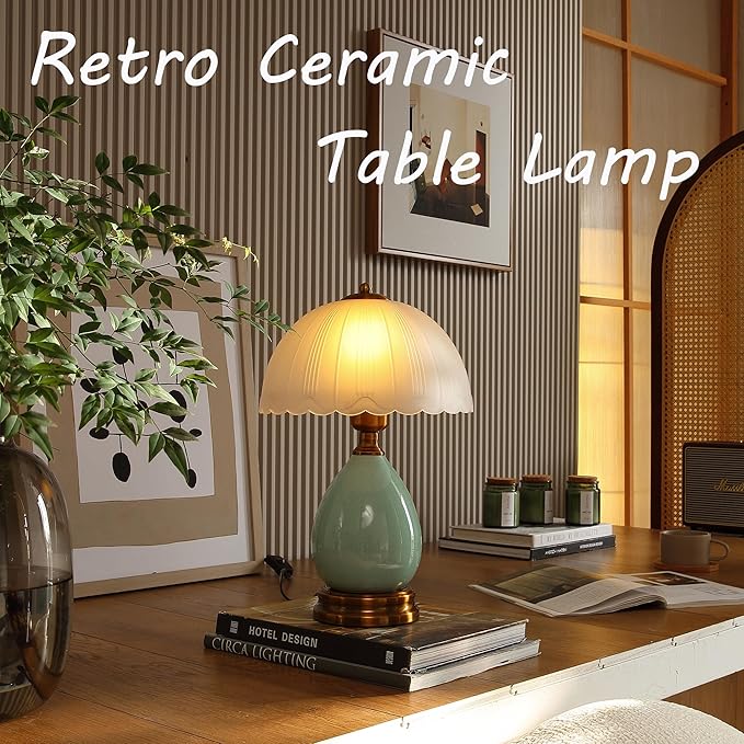 Vintage Lamp for Living Room,16" Modern Ceramic Table Lamps for Bedroom,Retro Bedside Nightstand Traditional Lamps, Classic Chinoiserie Green Lamp for Home Decor (LD001)