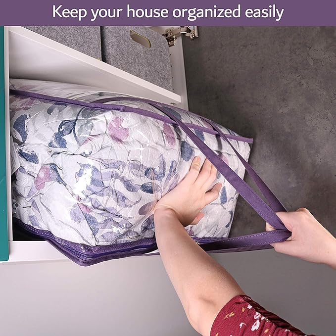 Clear Vinyl Zippered Storage Bags (3-Pack) 40L Sturdy Storage Bags for Sweaters, Blankets, Comforters, Bedding Sets and Much More! (Purple, 18x15x9)