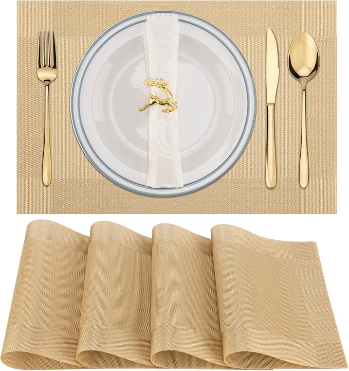 Winknowl Placemats, Set of 4 Heat Resistant Stain Resistant Woven Vinyl Insulation Place mats, Durable Washable Elegant Table Mats for Dining (Golden)