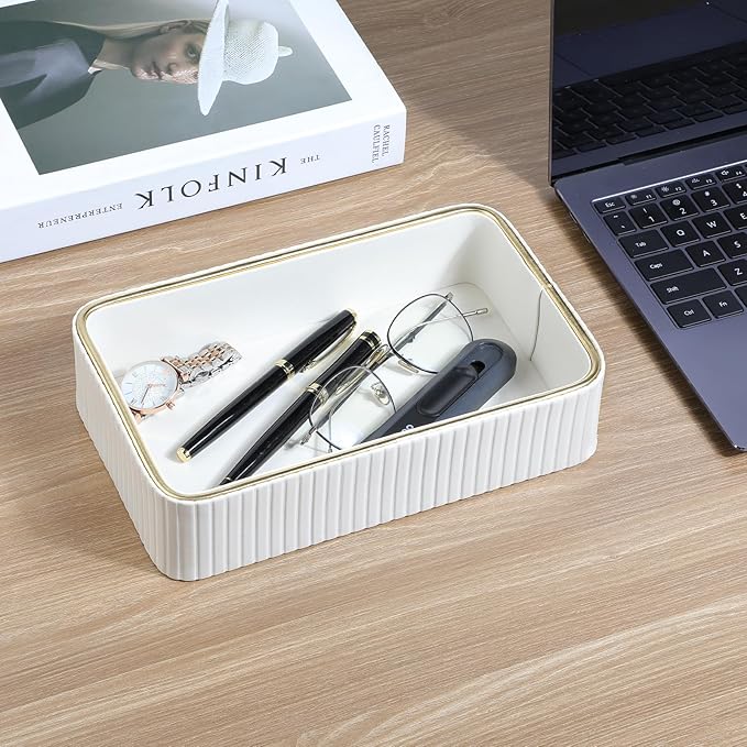 Desk Organizer Tray, PU Leather Valet Tray Nightstand Organizer Cologne Perfume Tray for Men Women, Decorative Vanity Tray Key Bowl Trinket Dish Bathroom Bedroom Accessories (Ivory)