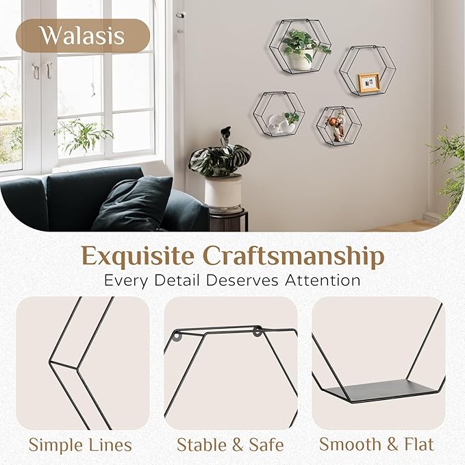 Hexagon Shelves Black Metal - Floating Geometric Hexagon Shelf Wall Mount - Plant Shelves Hexagonal Decor Set of 4