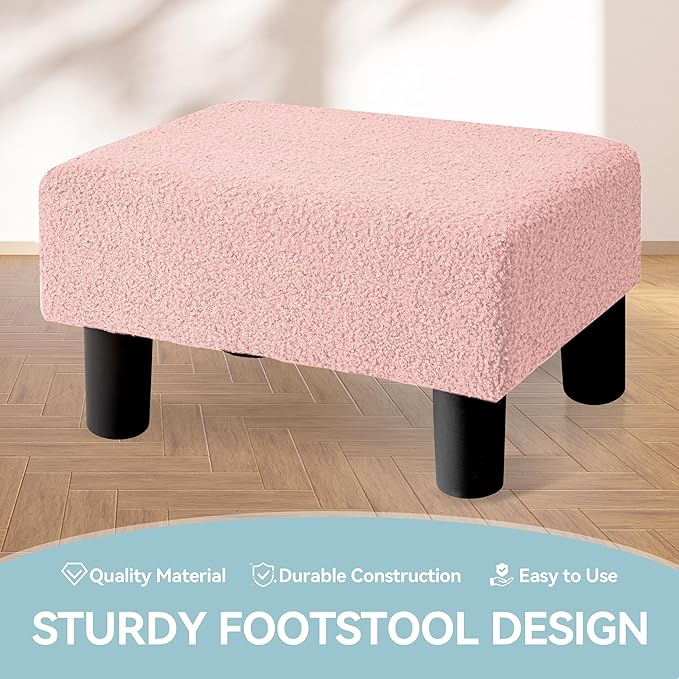 BRIAN & DANY Small Foot Stool Ottoman, Footstool with Legs, Teddy Velvet Foot Rest for Living Room, Bedroom and Office, Pink