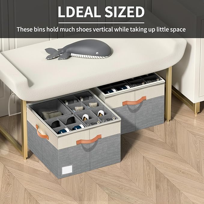Aokeyee Shoe Organizer for Closet,2 Pack Foldable Shoe Storage Organizer Box Bin with Adjustable Dividers and Clear Cover, Fits up to 16-32 Pairs (Beige and Grey)