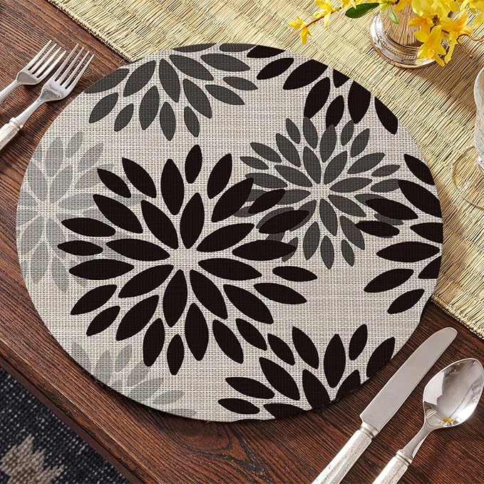 Artoid Mode Black Dahlia Plastic Round Placemats Set of 4, 14 Inch Seasonal Wipeable Woven Vinyl Table Mats for Farmhouse Party Kitchen Dining Decor