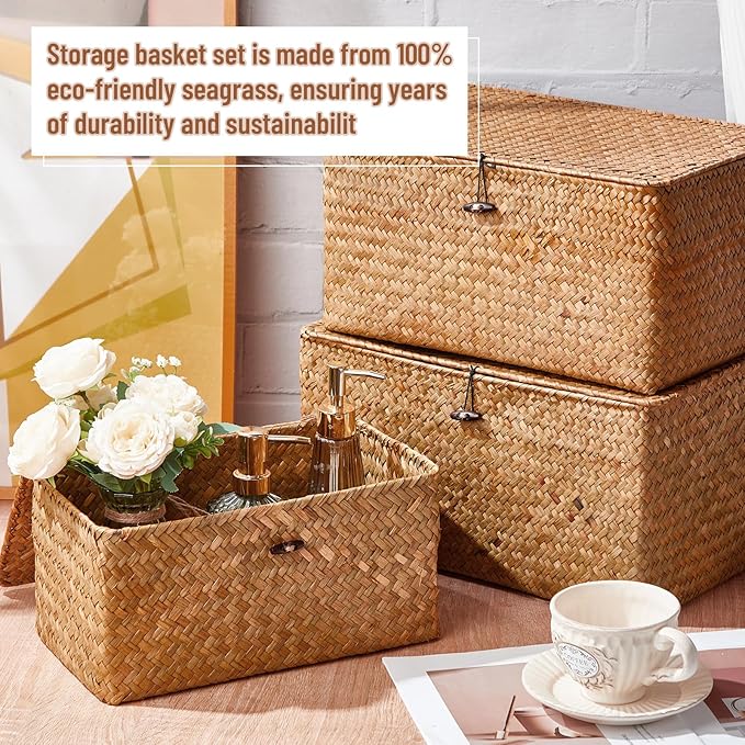 Kigley 6 Pcs Seagrass Basket with Lid Wicker Storage Decorative Boxes with Lids Bin Woven Organizer for Shelf Closet Bedroom, 6 Sizes(Classic Style,Dark Brown)