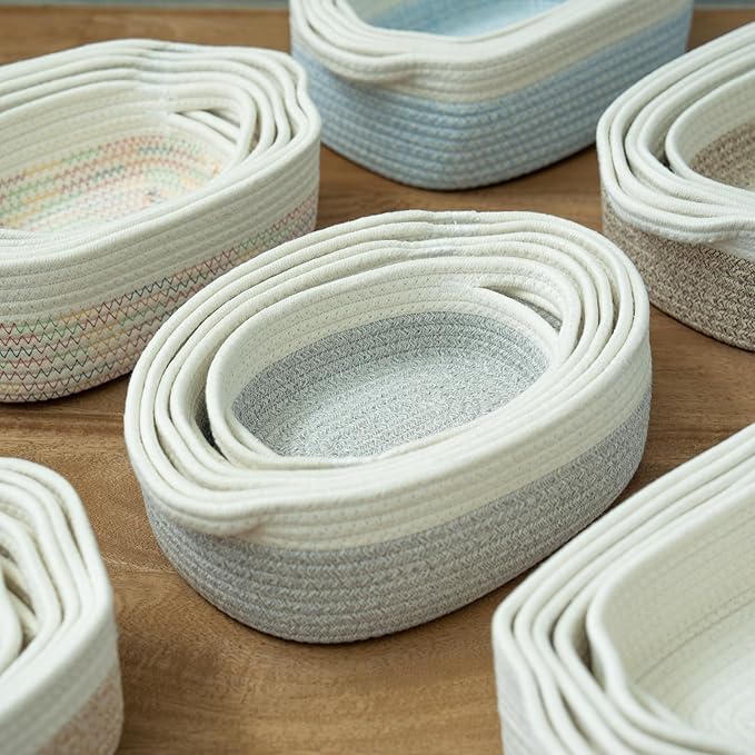 OrganiHaus Set of 5 Rectangle Bathroom Storage Baskets for Organizing, Small Woven Baskets for Storage Basket for Bathroom, Nursery Storage Basket for Baby Nursery Organization, Cute Bins, Gray/White