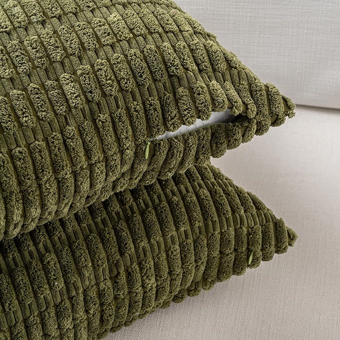 Fancy Homi 4 Packs Boho Moss Green Decorative Throw Pillow Covers 12x20 Inch for Couch Bed Sofa, Rustic Modern Farmhouse Home Decor, Soft Plush Corduroy Cute Rectangle Cushion Case 30x50 cm
