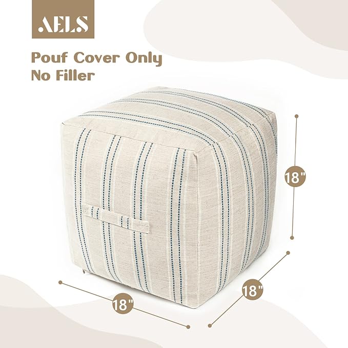 AELS Unstuffed Farmhouse Pouf Cover for Living Room, Boho Storage Bean Bag Cubes, Beige with Navy Blue Stitch Yarn Dyed Stripe Linen Square Ottoman Pouf Foot Rest Footstool, 18"x18"x18", Cover ONLY