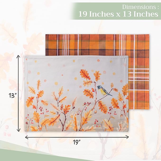 Maison d' Hermine Placemats Set of 4 100% Cotton Washable Cloth Place Mats, Reusable Table Mats for Kitchen Dining Decoration, Party, Wedding, Restaurant (Oak Leaves, 13" x 19")
