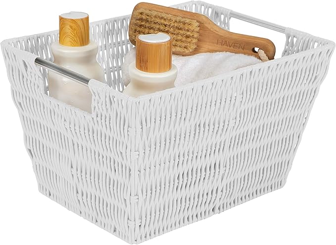 Simplify 12"x10"x8" Medium Woven Basket for Storage with Handles, Nursery, Playroom, Toys, Bedroom, Closet, Clothes, Office, Decorative Organizer Rattan Totes, White